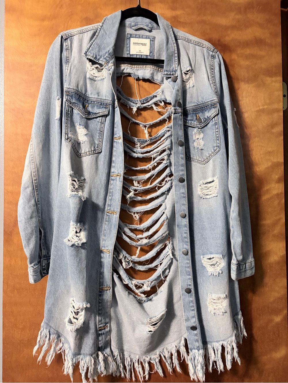 Distressed Light Blue Denim Long Jacket with Fringe Size Medium